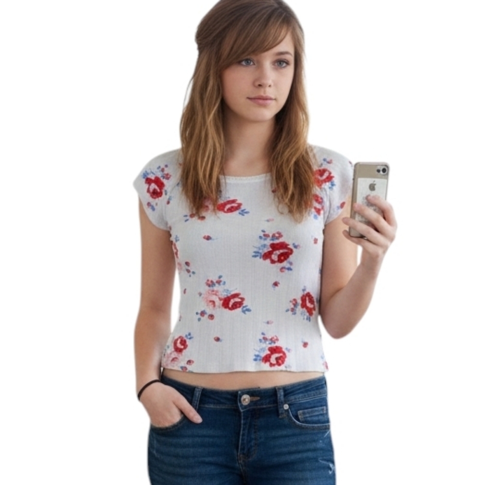 Gap Cotton Pointelle Top Y2K Floral Girls Large Rose Lace Trim Soft Summer Tee